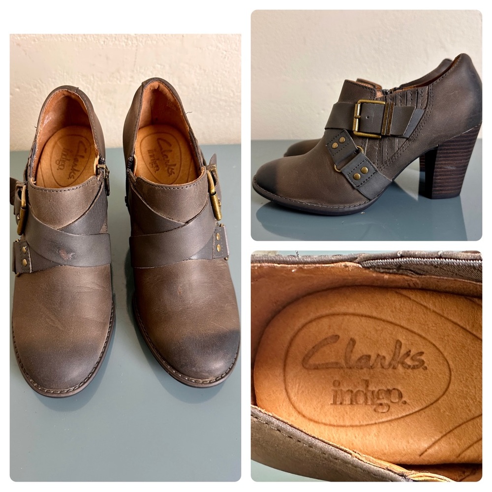CLARKS Indigo Booties W's Heath Woodlark Brown Ankle Boots Heels Leather 6.5